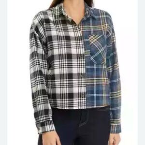 Planet Gold women's Medium mixed plaid cropped boxy flannel shirt long sleeve